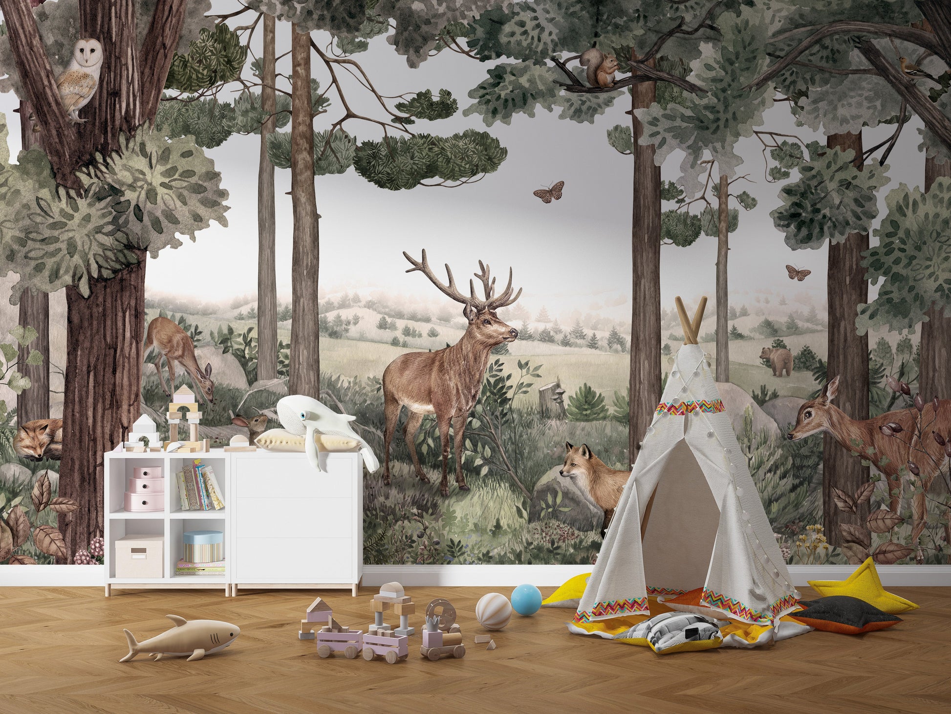 Woodland stag wallpaper mural featuring deer and animals