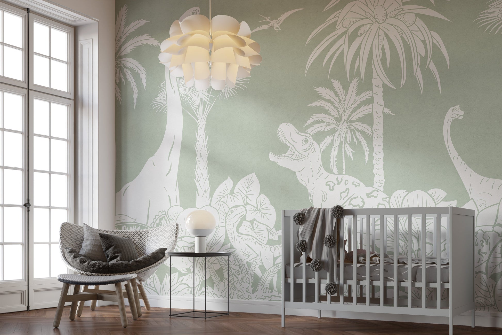 Monochrome Dinosaur Green Mural
