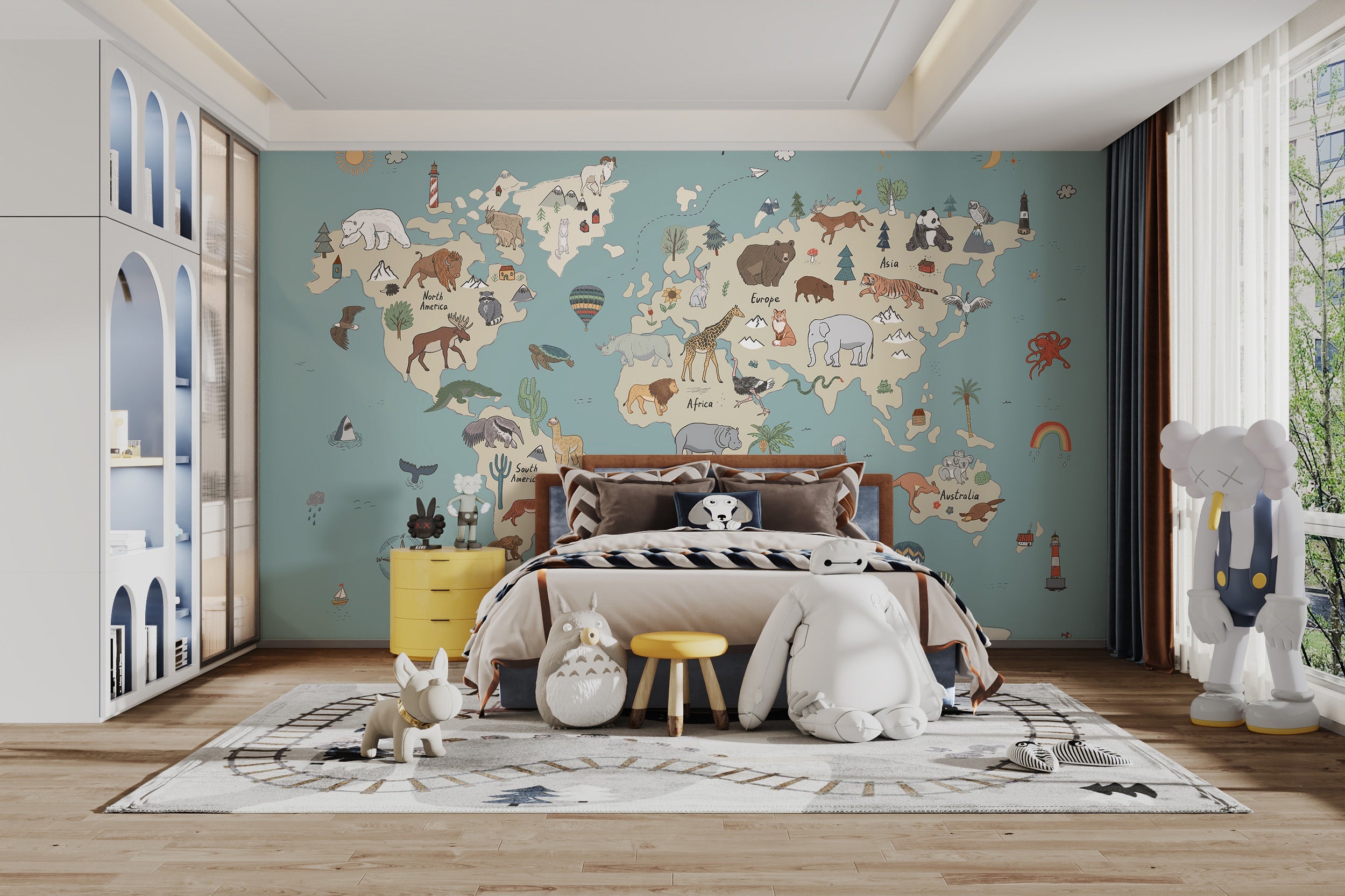 Kids' atlas mural with animal exploration theme