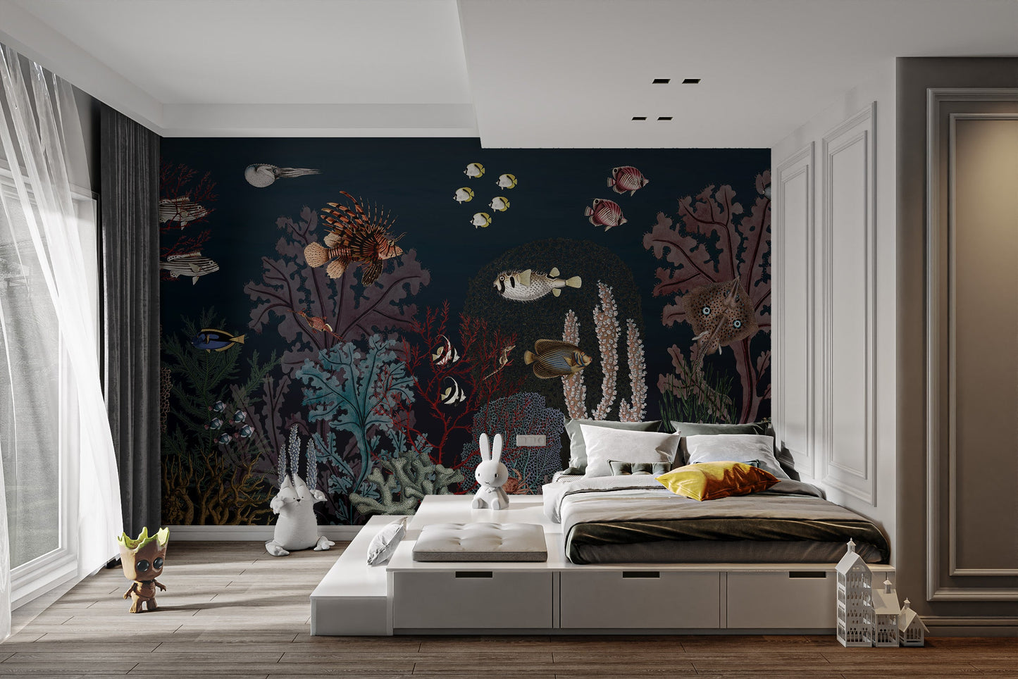 Vibrant dark reef with fish peel and stick wallpaper