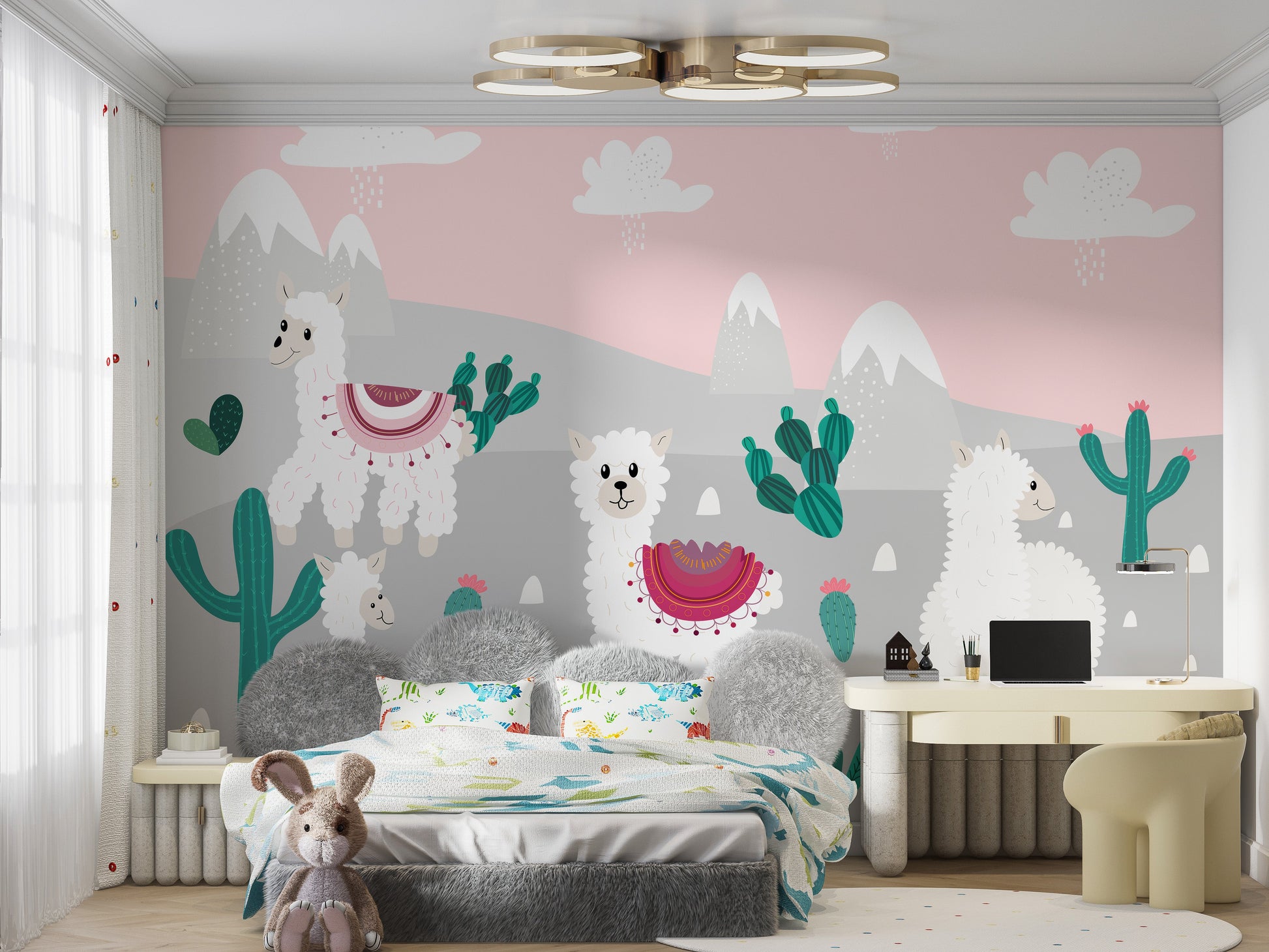 Playful fluffy llama mural with fiesta vibes
