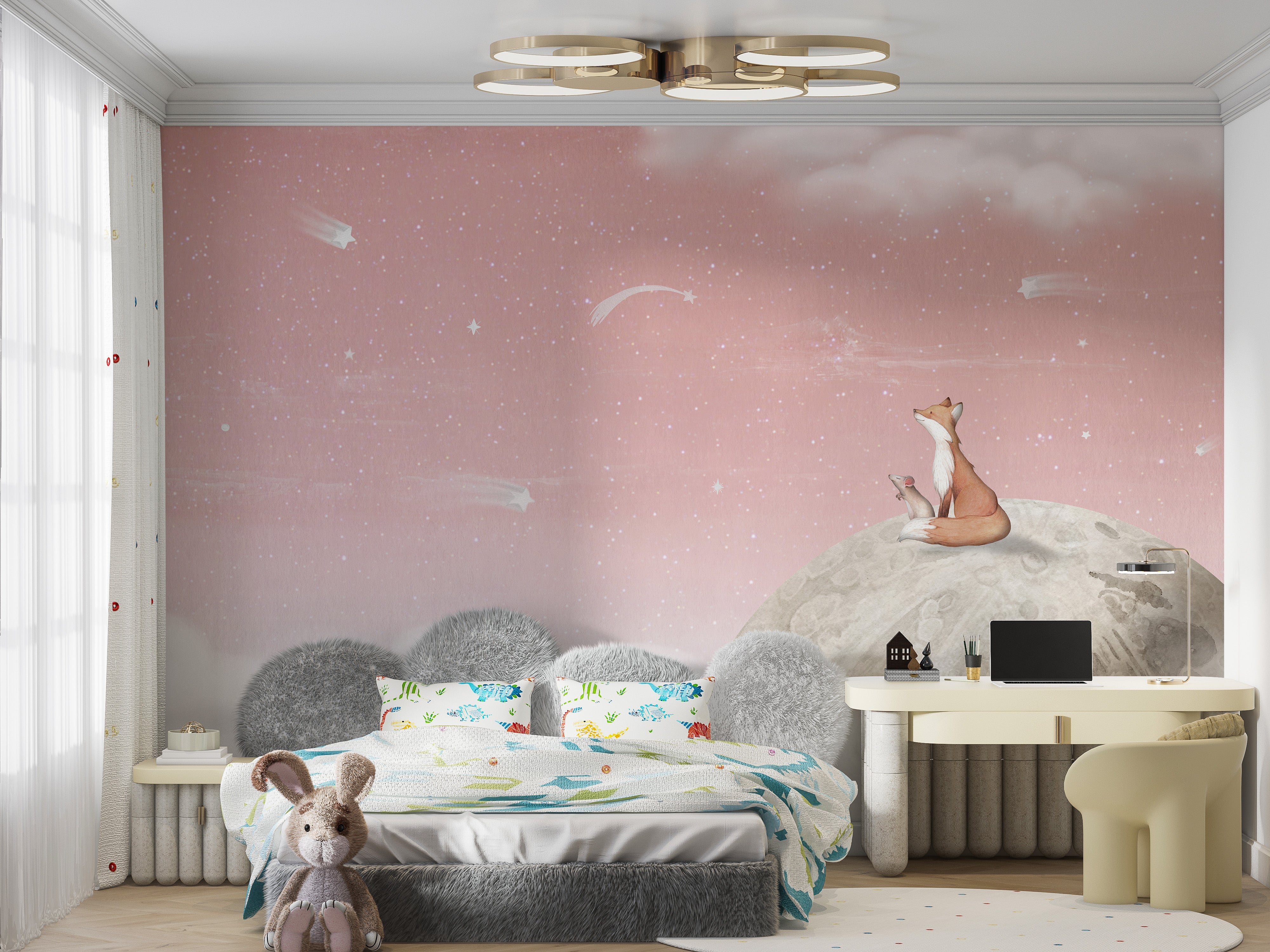 Fox on the moon pink wallpaper for kids rooms