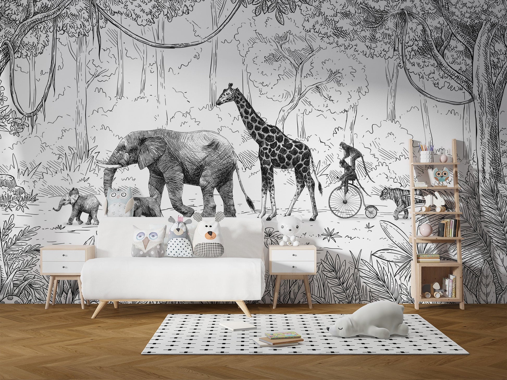 Animal Parade Black and White Wall Mural - Giffywalls