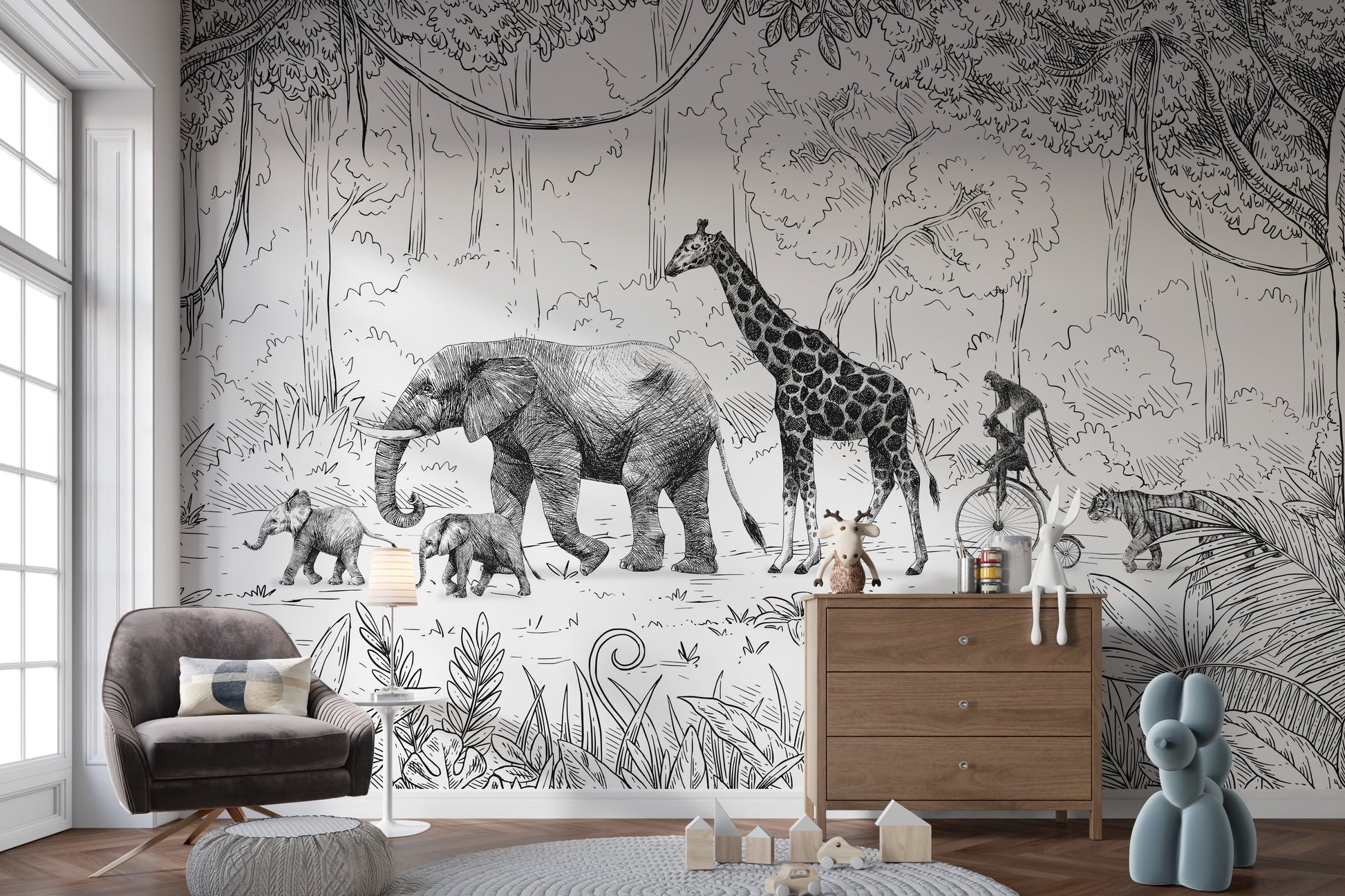 Animal Parade Black and White Wall Mural - Giffywalls