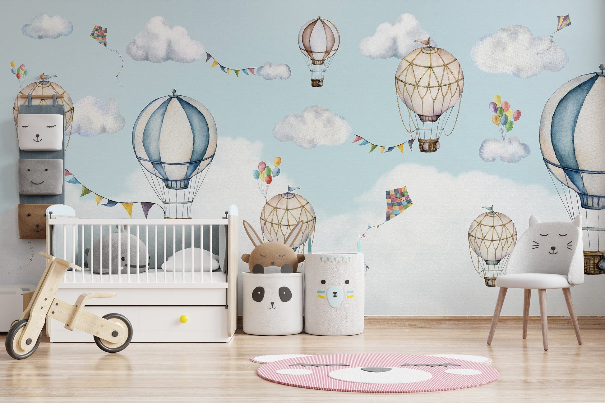 Floating hot air balloons in a whimsical cloudy backdrop