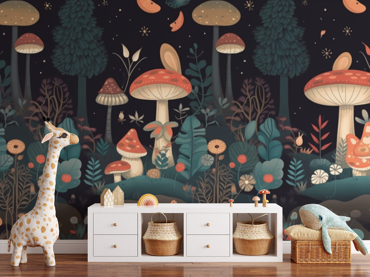 Whimsical mushroom garden wall mural design
