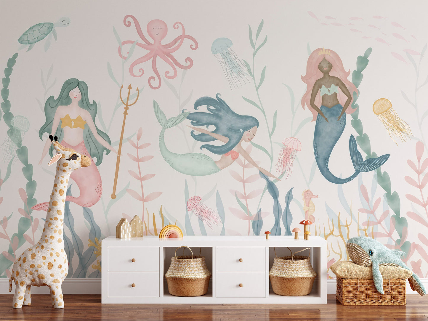 Playful aquatic-themed wallpaper mural for children's spaces.