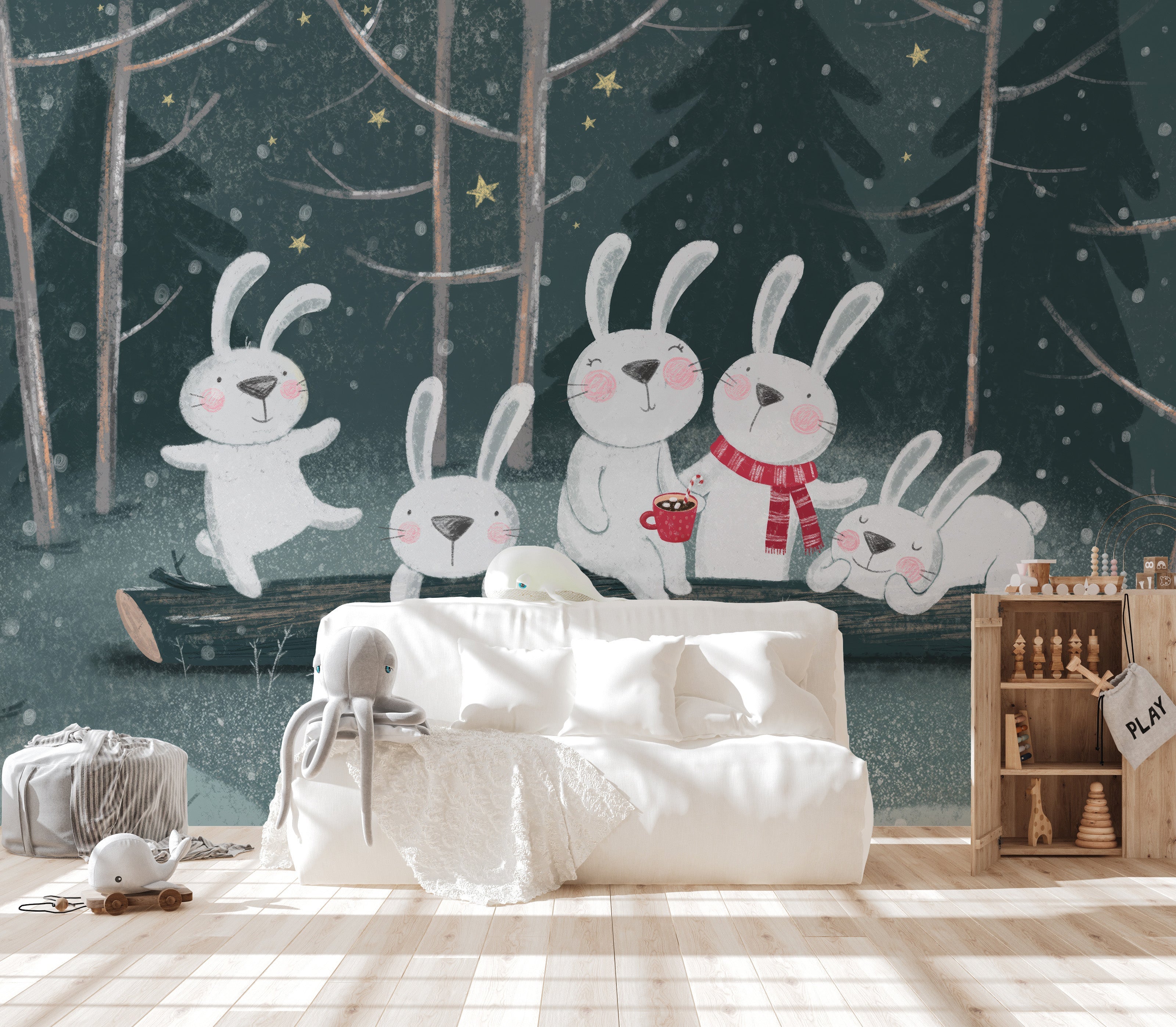 Playful bunnies wall mural with night vibes
