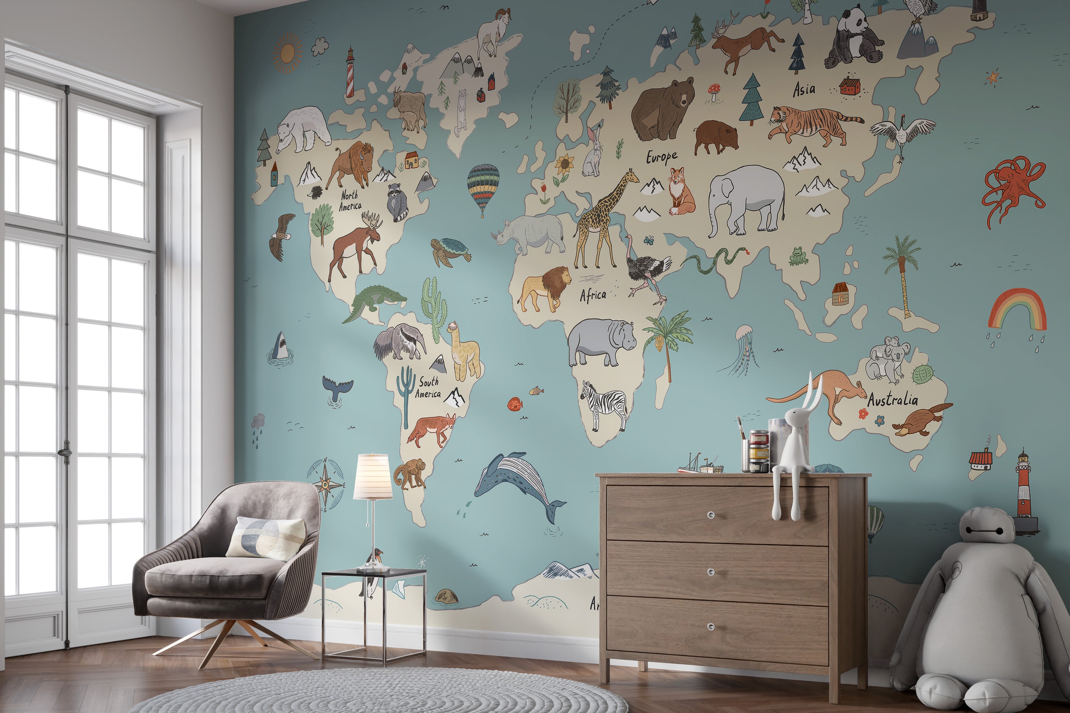 Playful animal-themed atlas wallpaper for kids
