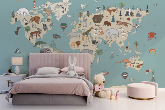 Whimsical animal adventure atlas wall mural