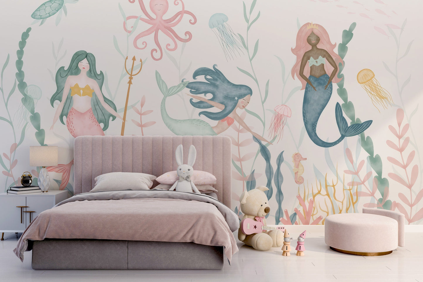 Whimsical dreamy aquatic ballet wallpaper for kids' room walls.