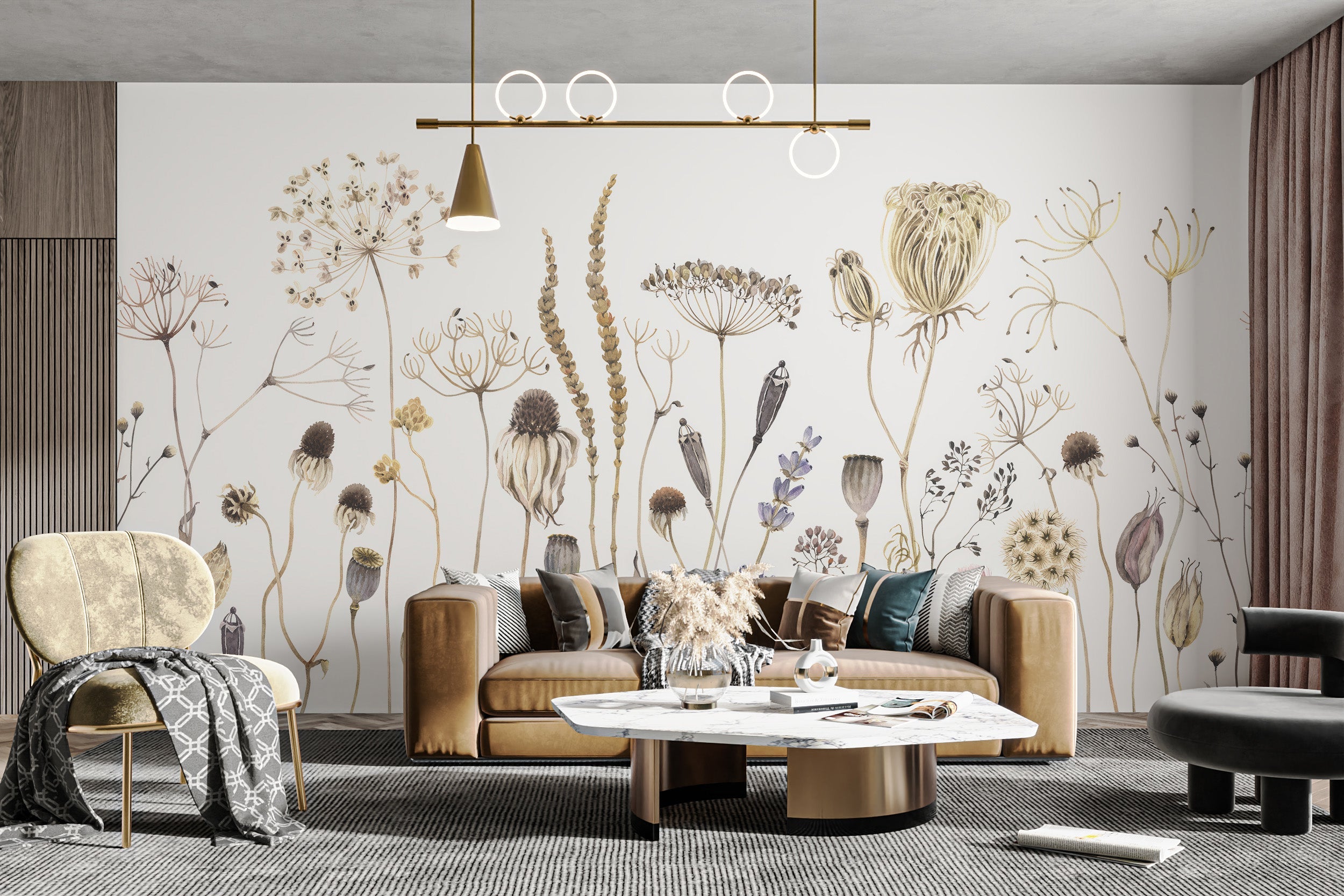 Contemporary meadow wallpaper mural for chic living room decor.