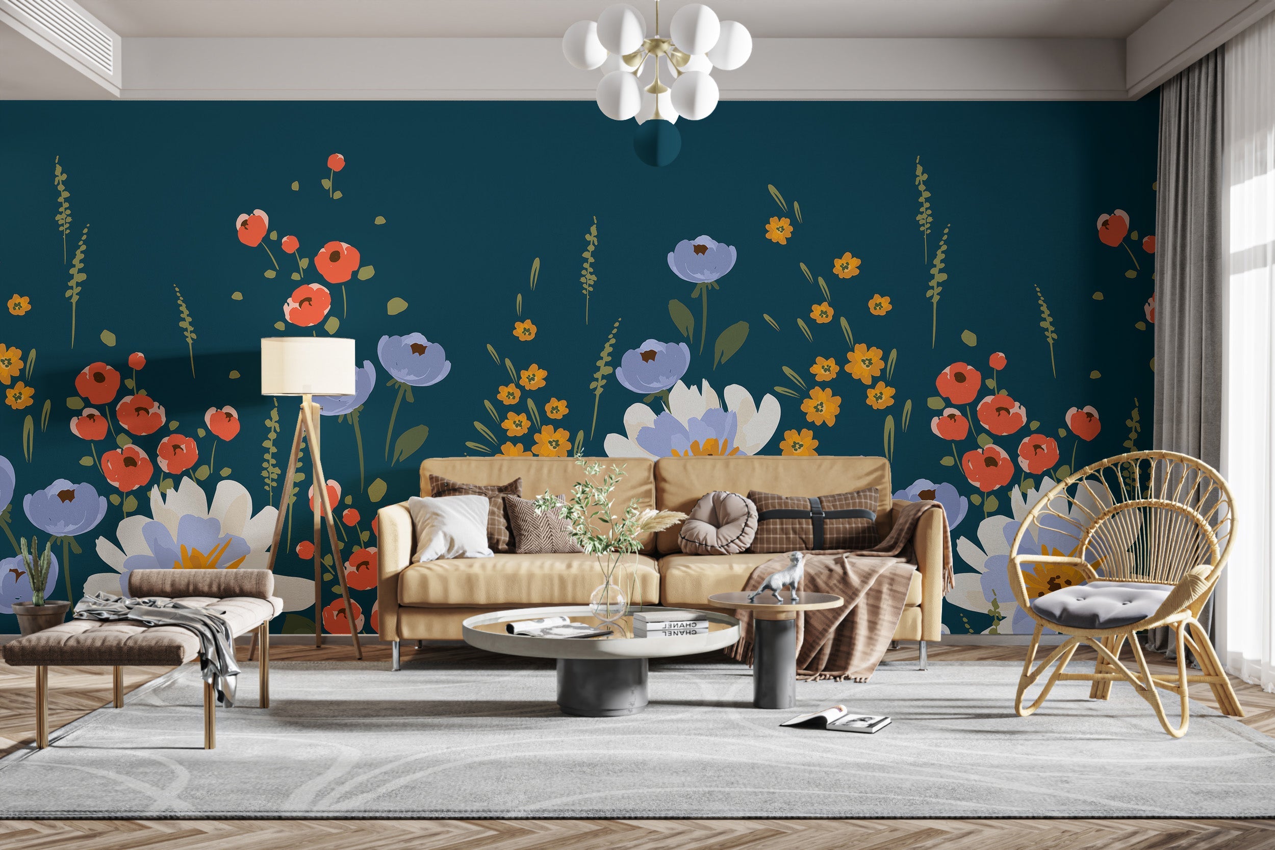 Elegant Midnight Garden floral mural wallpaper for living room walls.