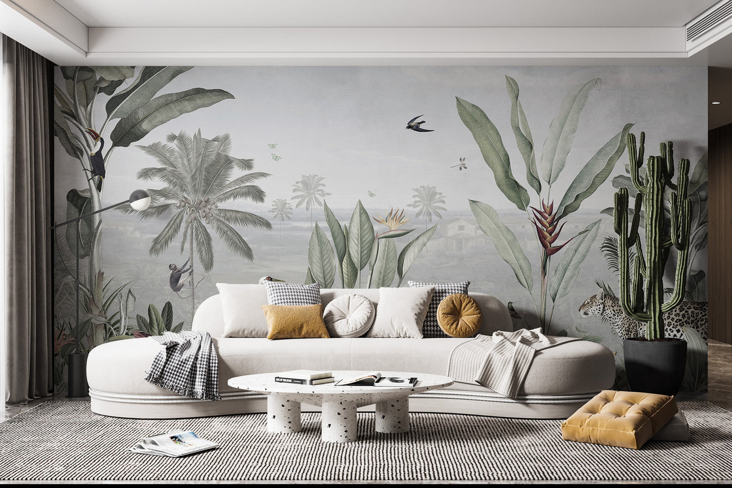 Peaceful green forest birds mural for walls