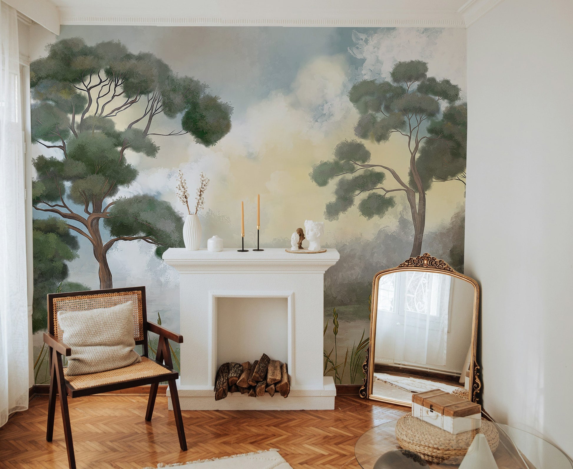 Peaceful woodland mural for serene interiors