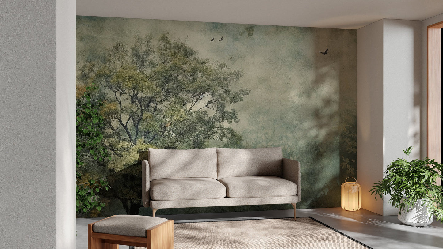 Elegant Forest Paradise mural wallpaper for stylish living room decor.