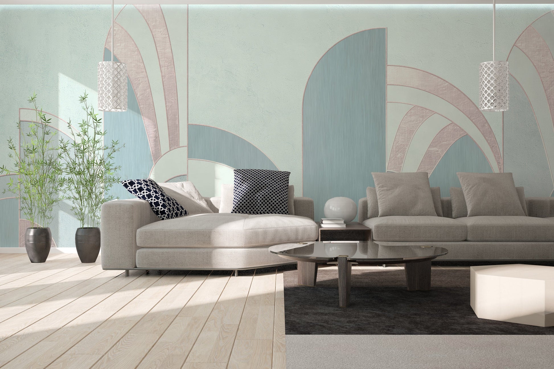 Luxurious geometric silver mural wallpaper for elegant living room walls.