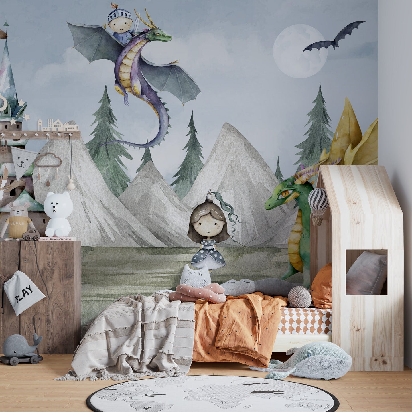 Kids' room mural wallpaper with magical kingdom and castle.