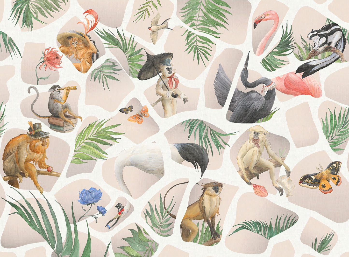 Watercolour light pink Monkey & Birds wallpaper mural - Giffywalls