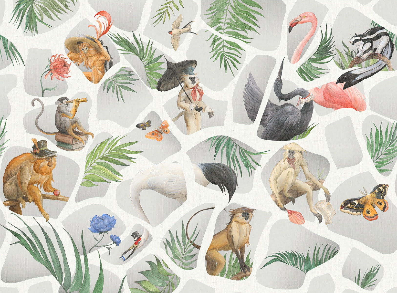 Watercolour gray Monkey & Birds wallpaper mural - Giffywalls