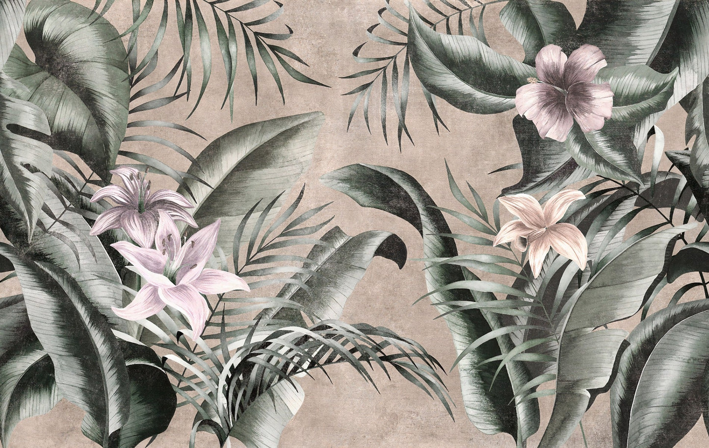 Gray background Floral Large Green Leaves Wallpaper Mural - Giffywalls