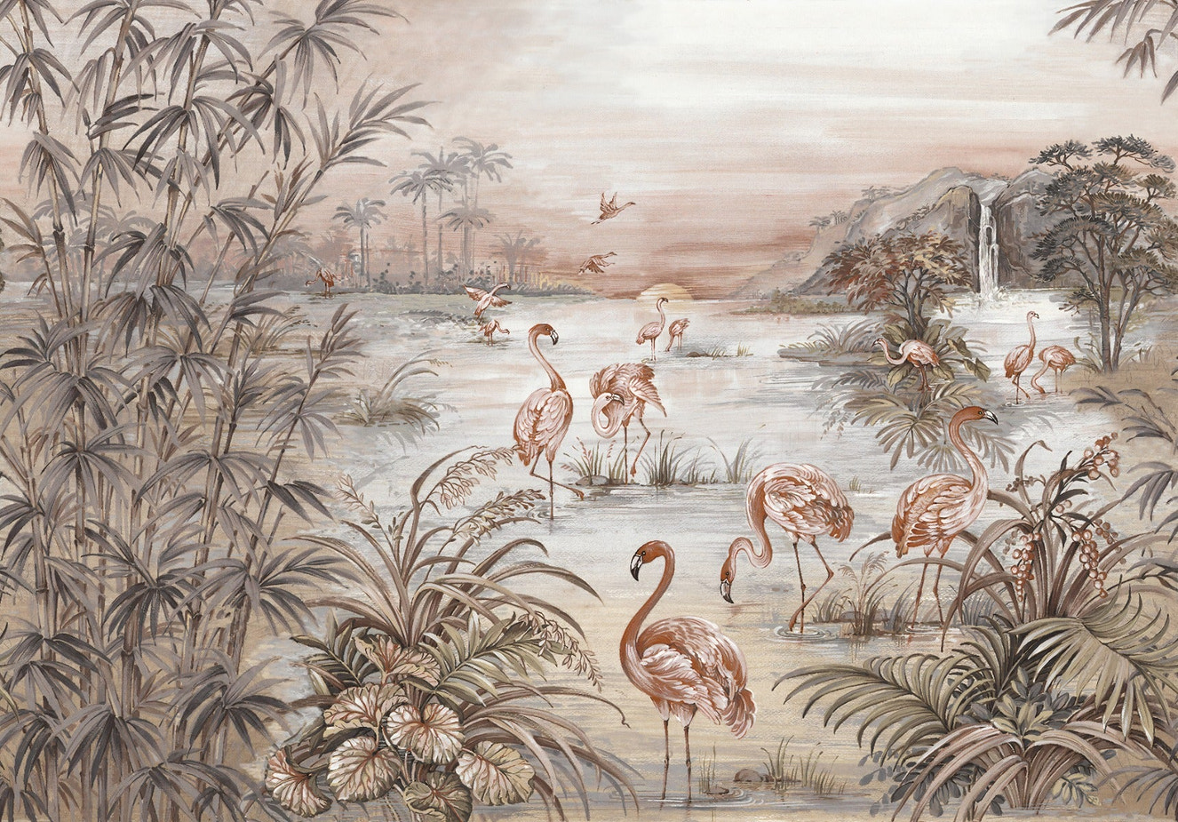 Watercolor Tropicana Flamingos Wallpaper Mural - Giffywalls