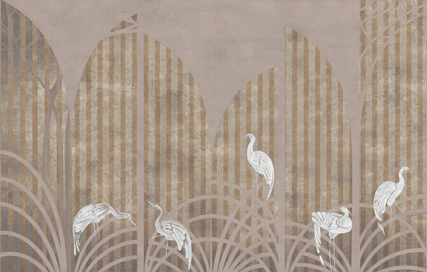 Art Deco Golden Striped Pattern White Crane Wall Mural - Giffywalls