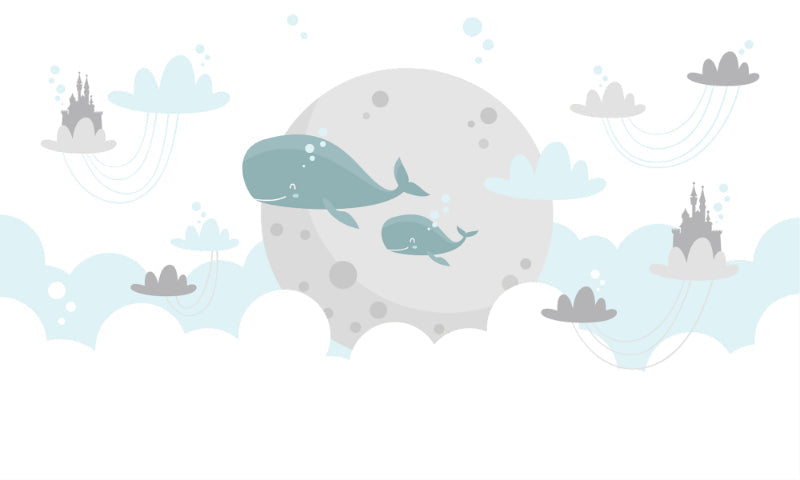 Kids fantasy room wallpaper mural featuring a magical whale flying over a castle in the sky