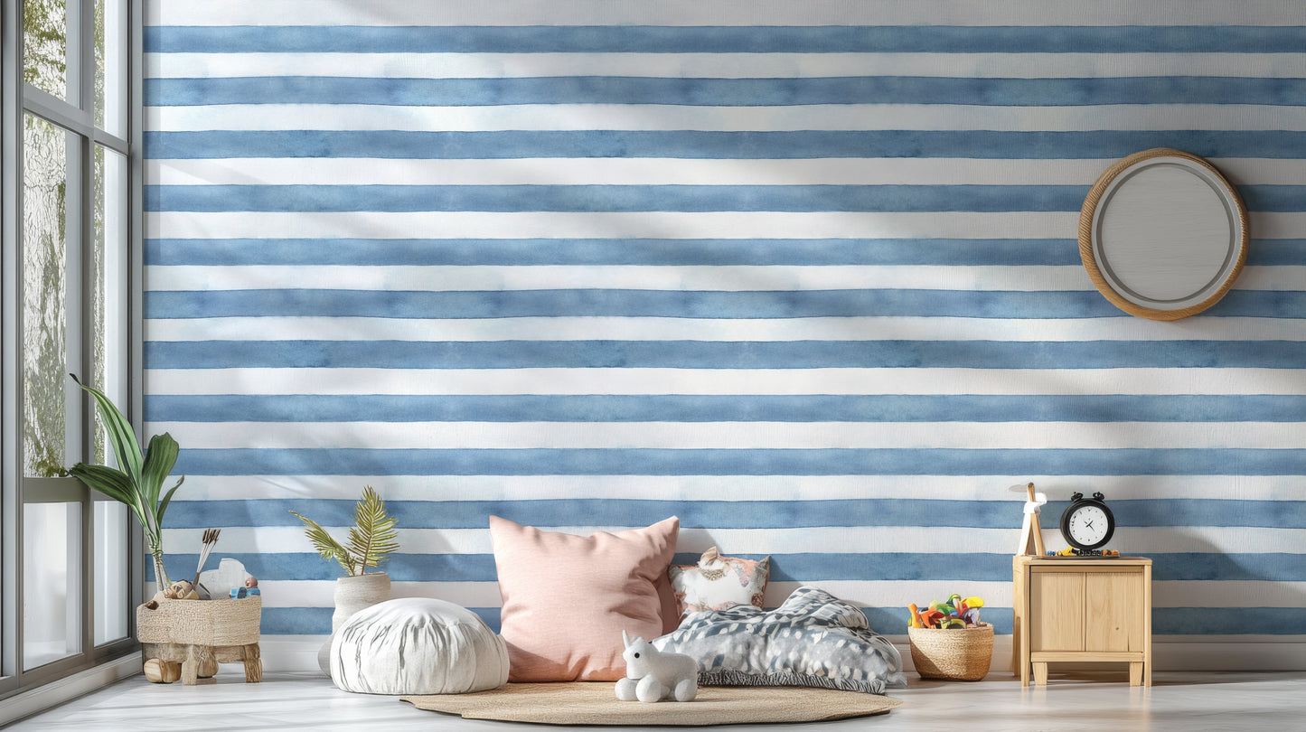 Blue White Watercolor Strips Wallpaper For Walls - Giffywalls