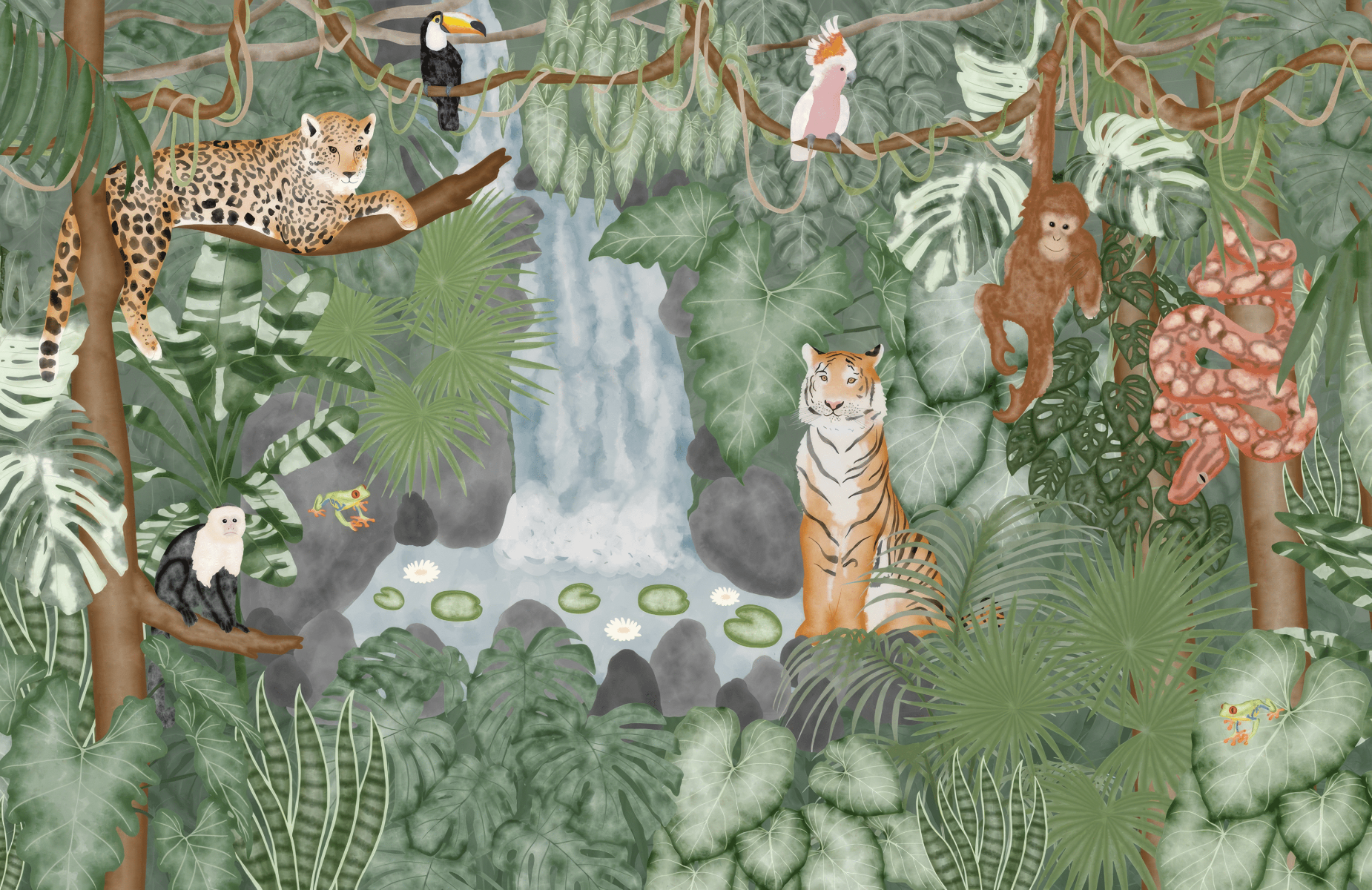 Vibrant rainforest wallpaper with wildlife