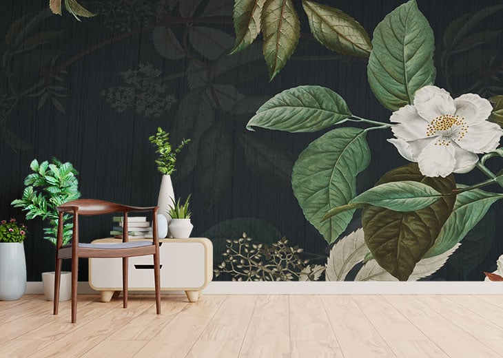 Dark Green Floral Wallpaper Mural - Giffywalls