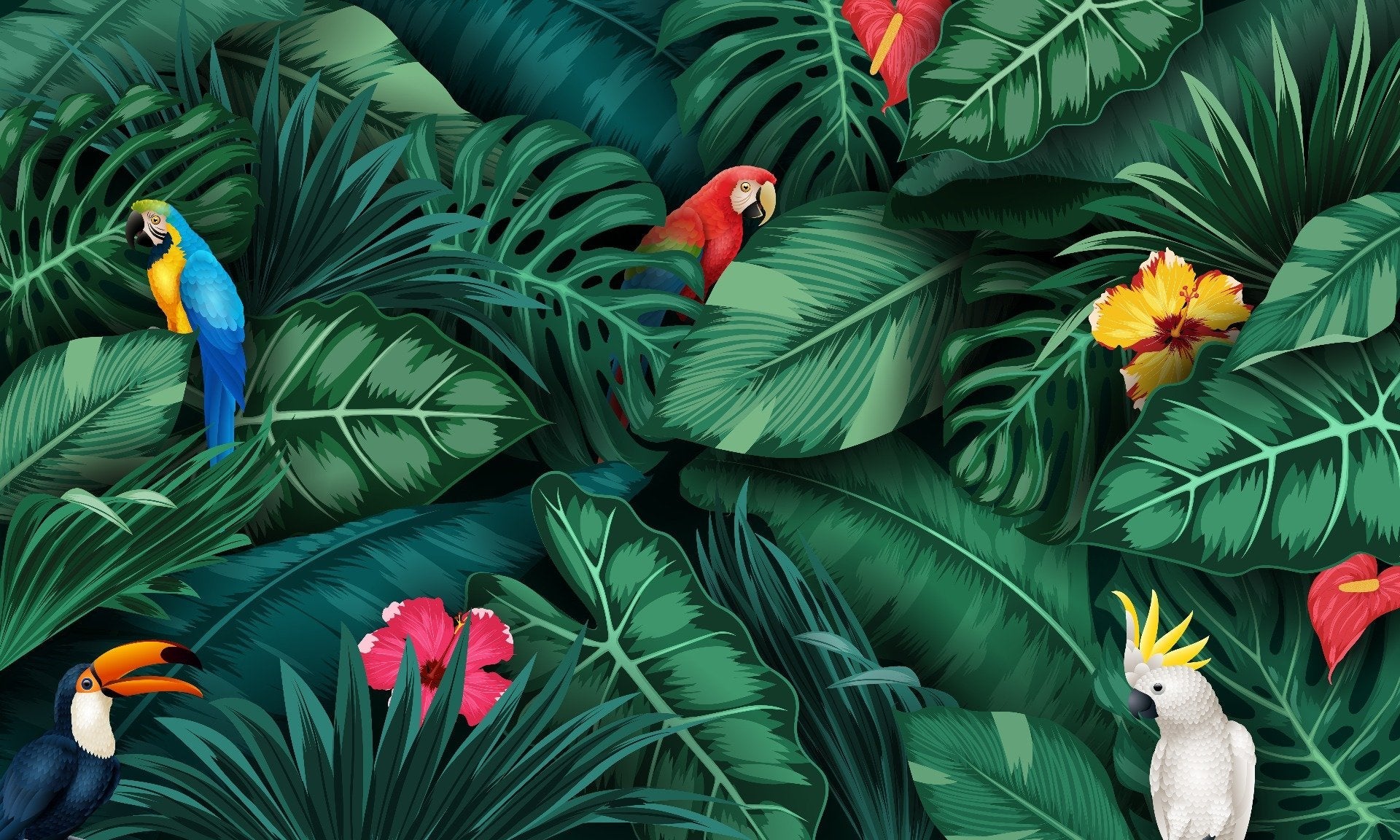 Green Tropical Birds Peel And Stick Wallpaper Mural | Giffywalls