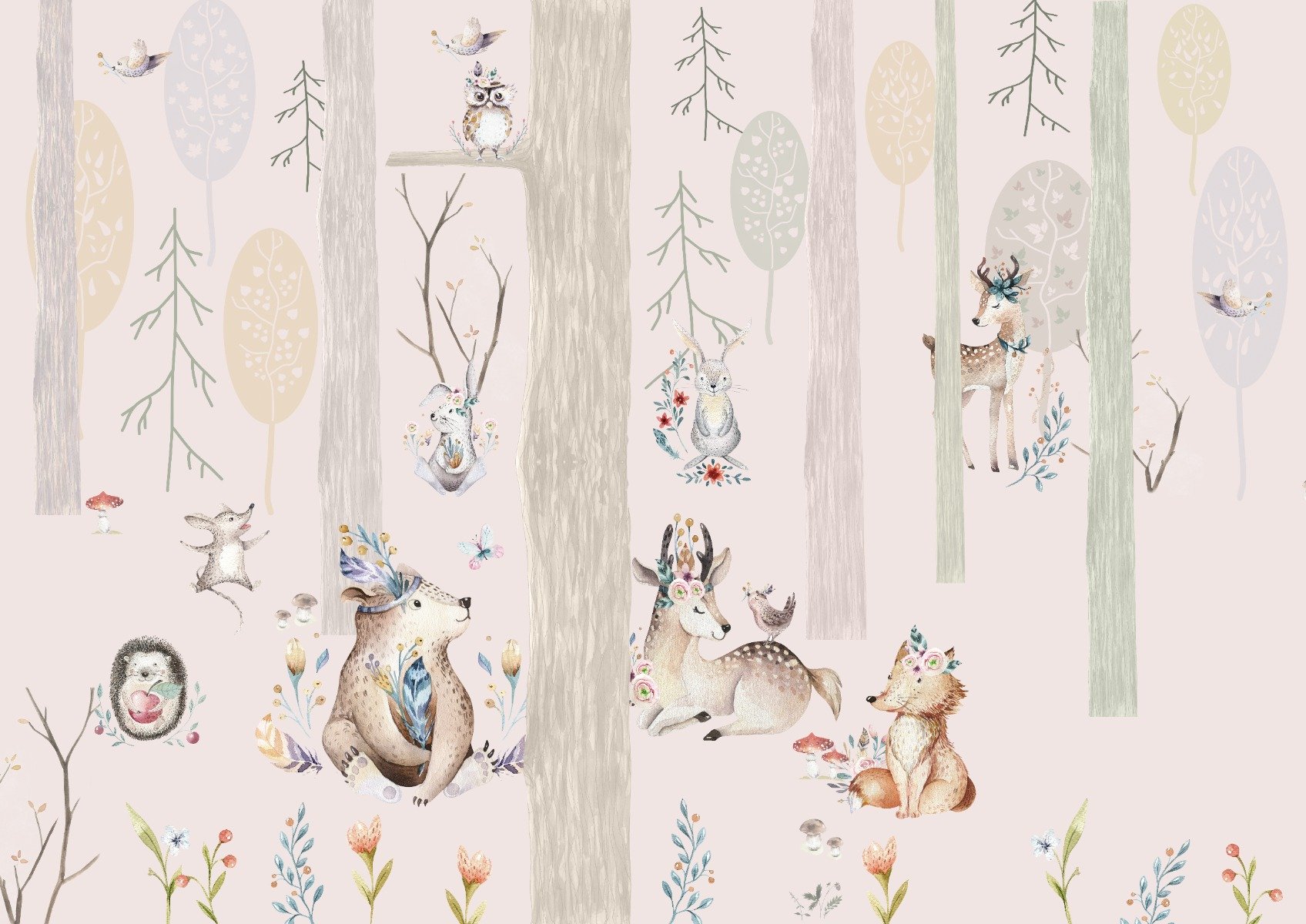 Woodland Wonders Wallpaper  Dusty PinkOlive  DS  Wallpaper  Hibou Home   Bobby Rabbit