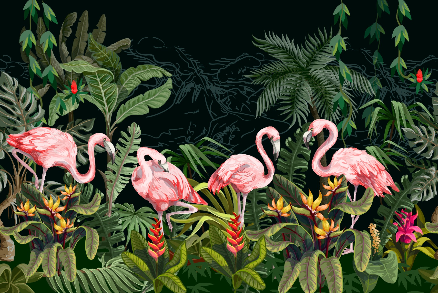 Fresh Green Hand Painted Tropical Plant Flamingo Wallpaper Wall Wallpaper  Decoration 3D Wallpaper Paste Living Room The Wall for Bedroom  Mural-430cm×300cm : Amazon.co.uk: DIY & Tools